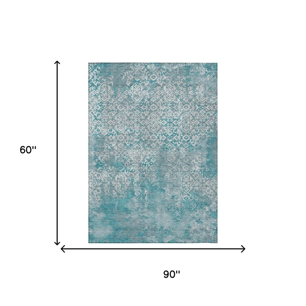 5' X 8' Teal Blue And Brown Oriental Washable Indoor Outdoor Area Rug HomeRoots
