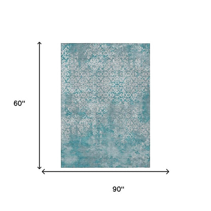 5' X 8' Teal Blue And Brown Oriental Washable Indoor Outdoor Area Rug HomeRoots