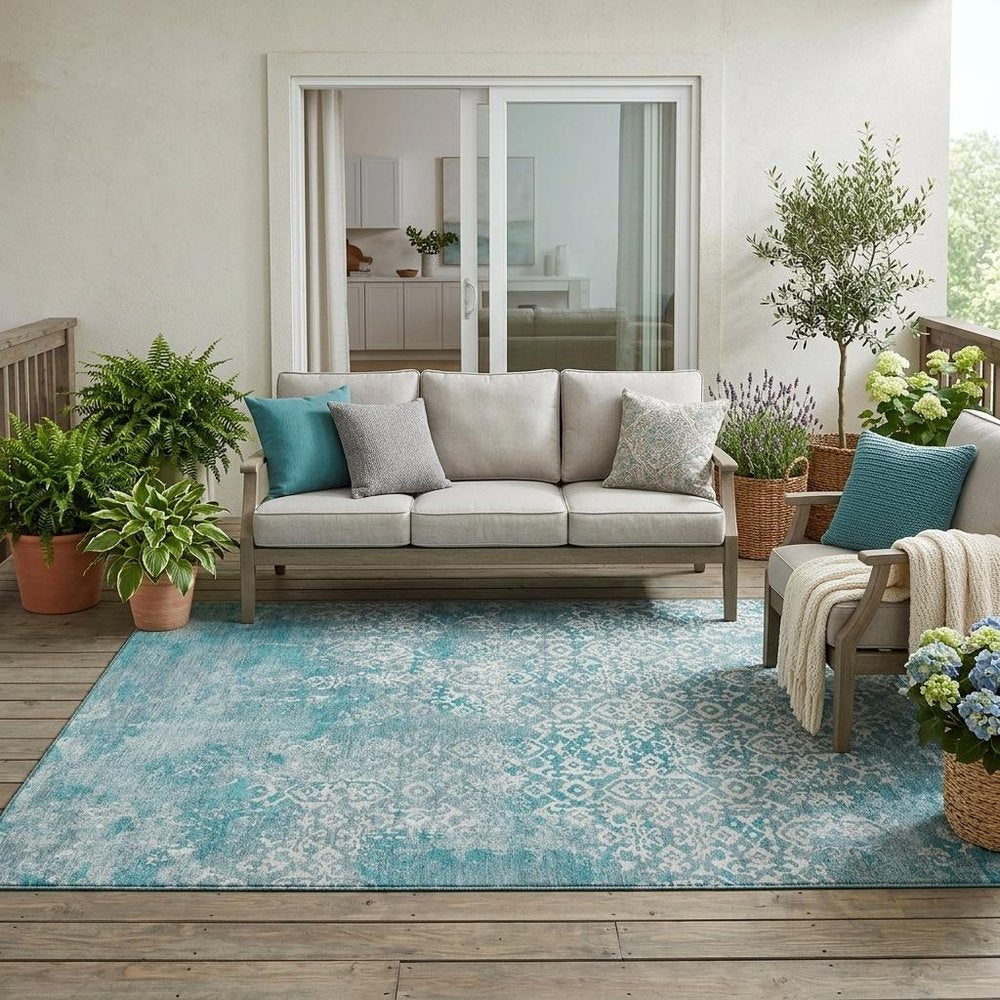 5' X 8' Teal Blue And Brown Oriental Washable Indoor Outdoor Area Rug HomeRoots