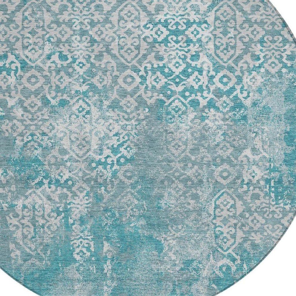 8' Teal Blue And Brown Round Oriental Washable Indoor Outdoor Area Rug HomeRoots