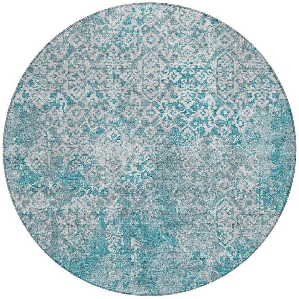 8' Teal Blue And Brown Round Oriental Washable Indoor Outdoor Area Rug HomeRoots