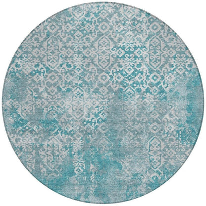 8' Teal Blue And Brown Round Oriental Washable Indoor Outdoor Area Rug HomeRoots