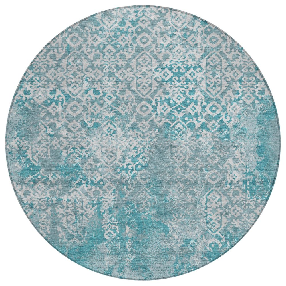 8' Teal Blue And Brown Round Oriental Washable Indoor Outdoor Area Rug HomeRoots