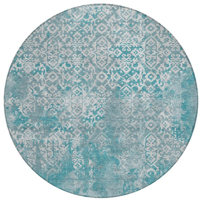 8' Teal Blue And Brown Round Oriental Washable Indoor Outdoor Area Rug HomeRoots