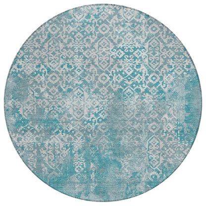 8' Teal Blue And Brown Round Oriental Washable Indoor Outdoor Area Rug HomeRoots