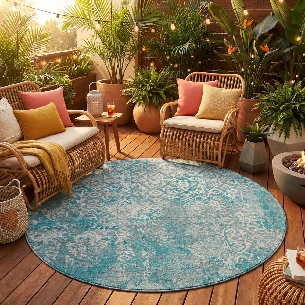 8' Teal Blue And Brown Round Oriental Washable Indoor Outdoor Area Rug HomeRoots