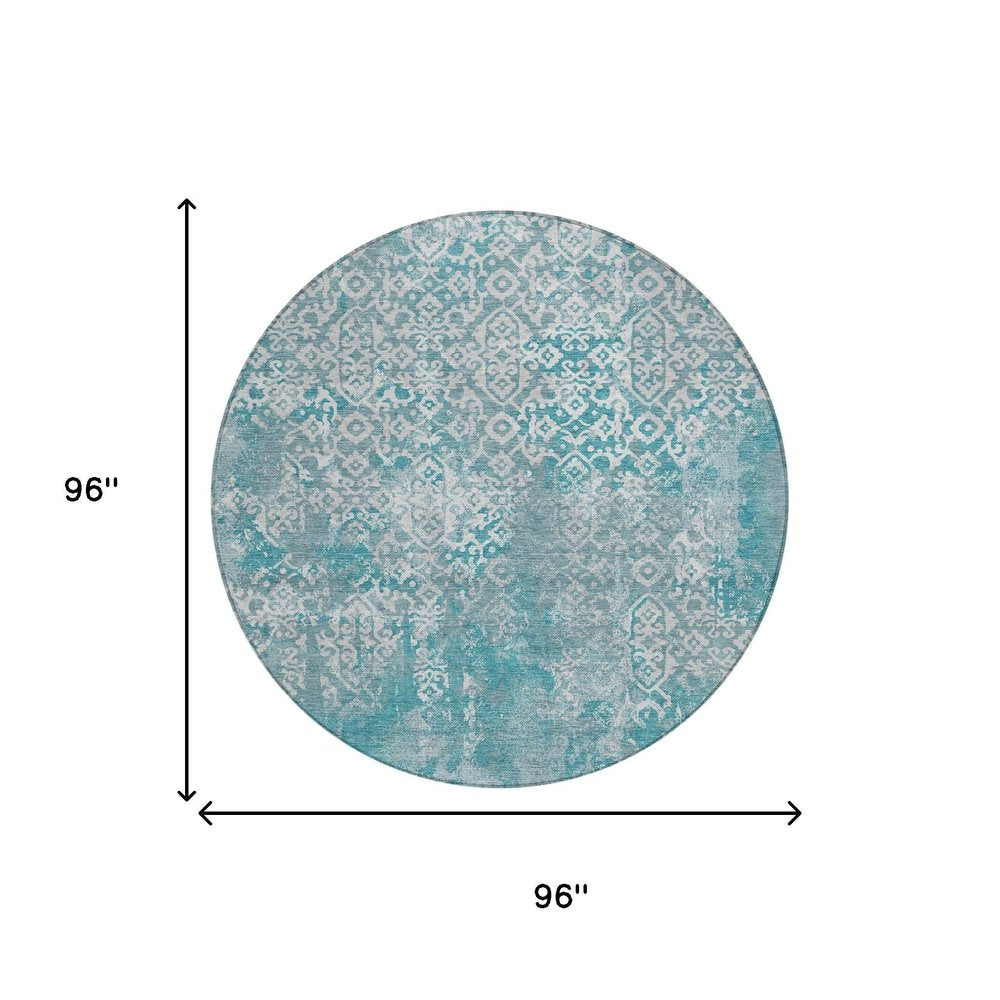 8' Teal Blue And Brown Round Oriental Washable Indoor Outdoor Area Rug HomeRoots