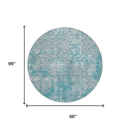 8' Teal Blue And Brown Round Oriental Washable Indoor Outdoor Area Rug HomeRoots