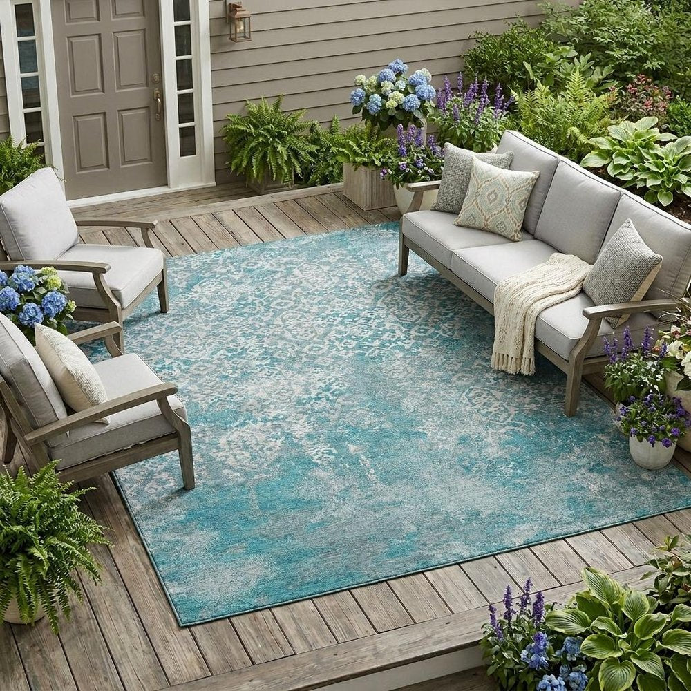 8' X 10' Teal Blue And Brown Oriental Washable Indoor Outdoor Area Rug HomeRoots