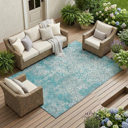 10' X 14' Teal Blue And Brown Oriental Washable Indoor Outdoor Area Rug HomeRoots