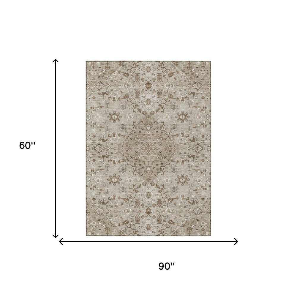 5' X 8' Beige And Graphite Medallion Washable Indoor Outdoor Area Rug HomeRoots