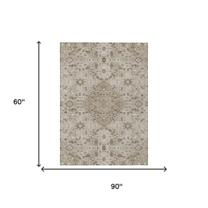 5' X 8' Beige And Graphite Medallion Washable Indoor Outdoor Area Rug HomeRoots