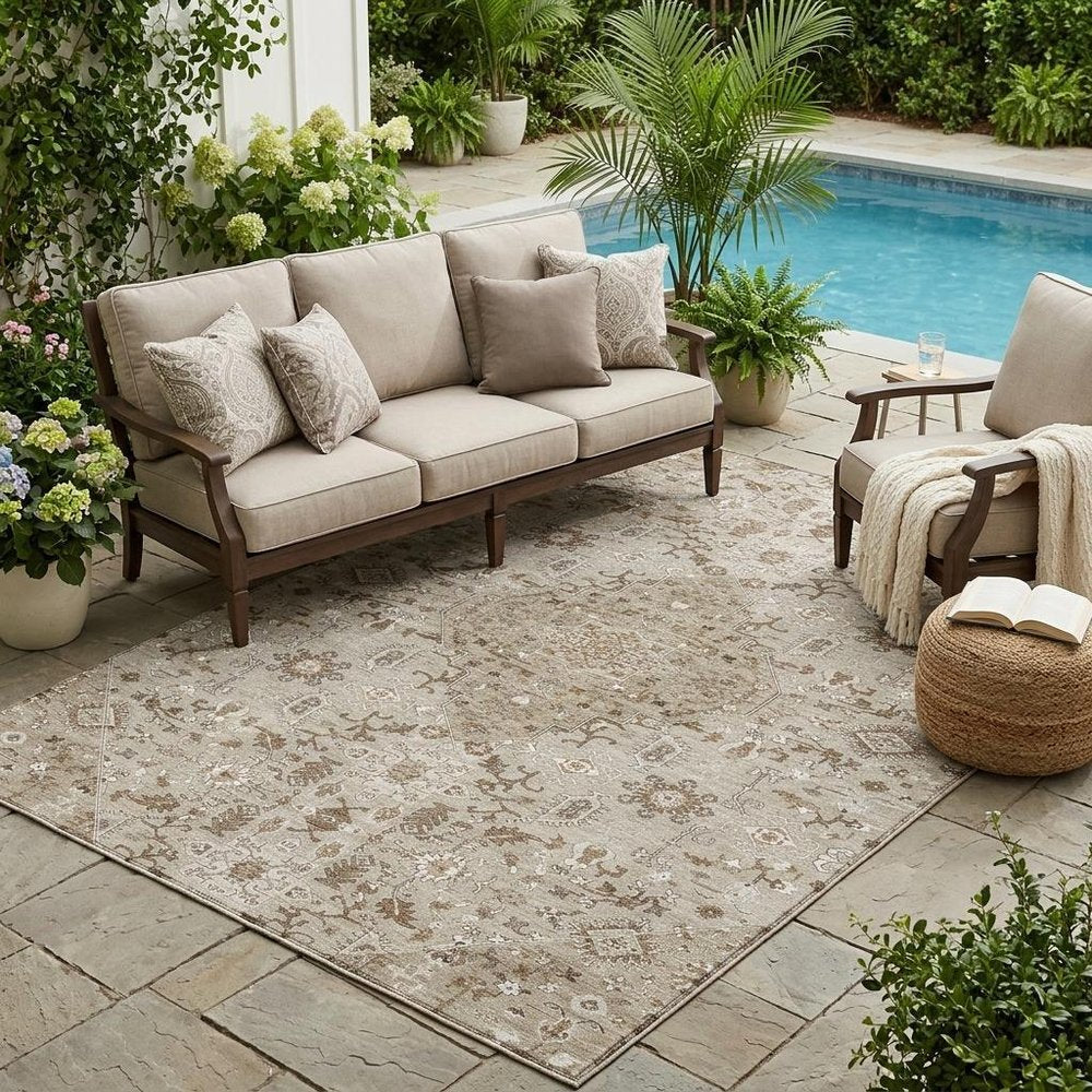 5' X 8' Beige And Graphite Medallion Washable Indoor Outdoor Area Rug HomeRoots