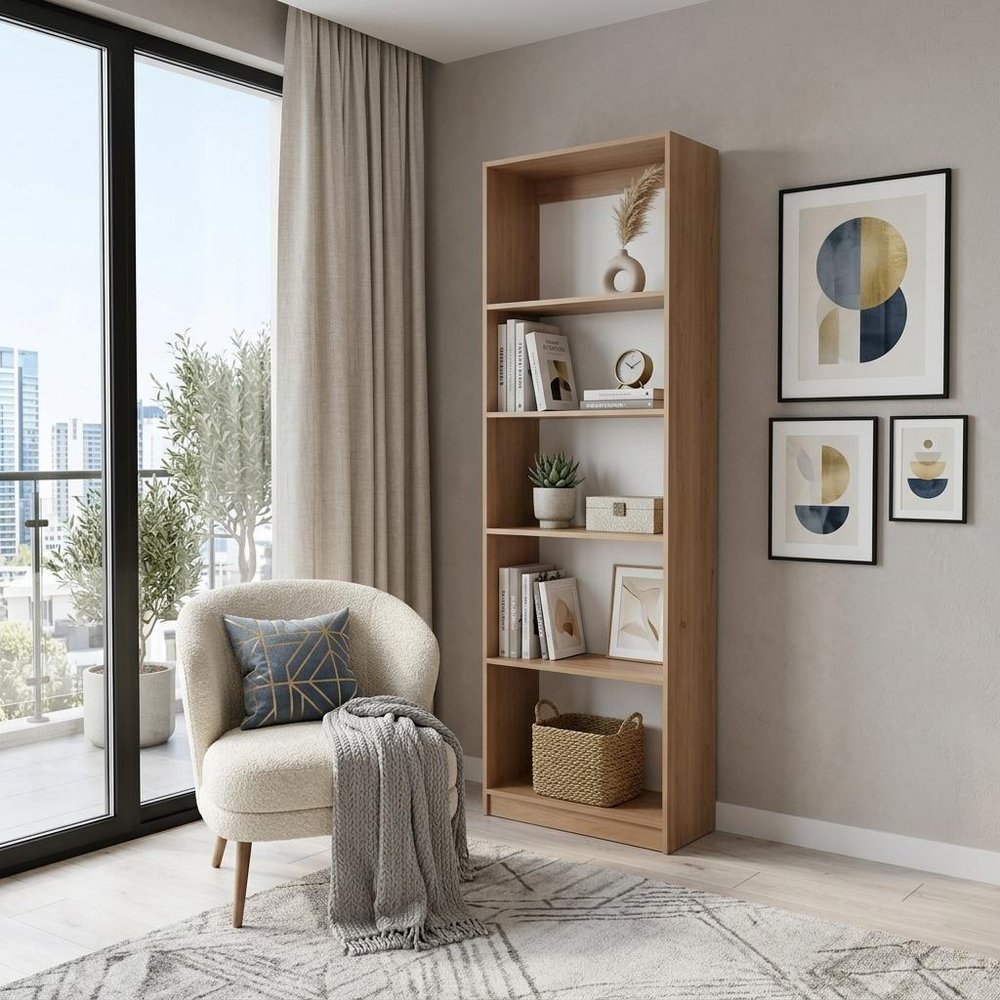 71" Beige Wood Five Tier Bookcase — view 2