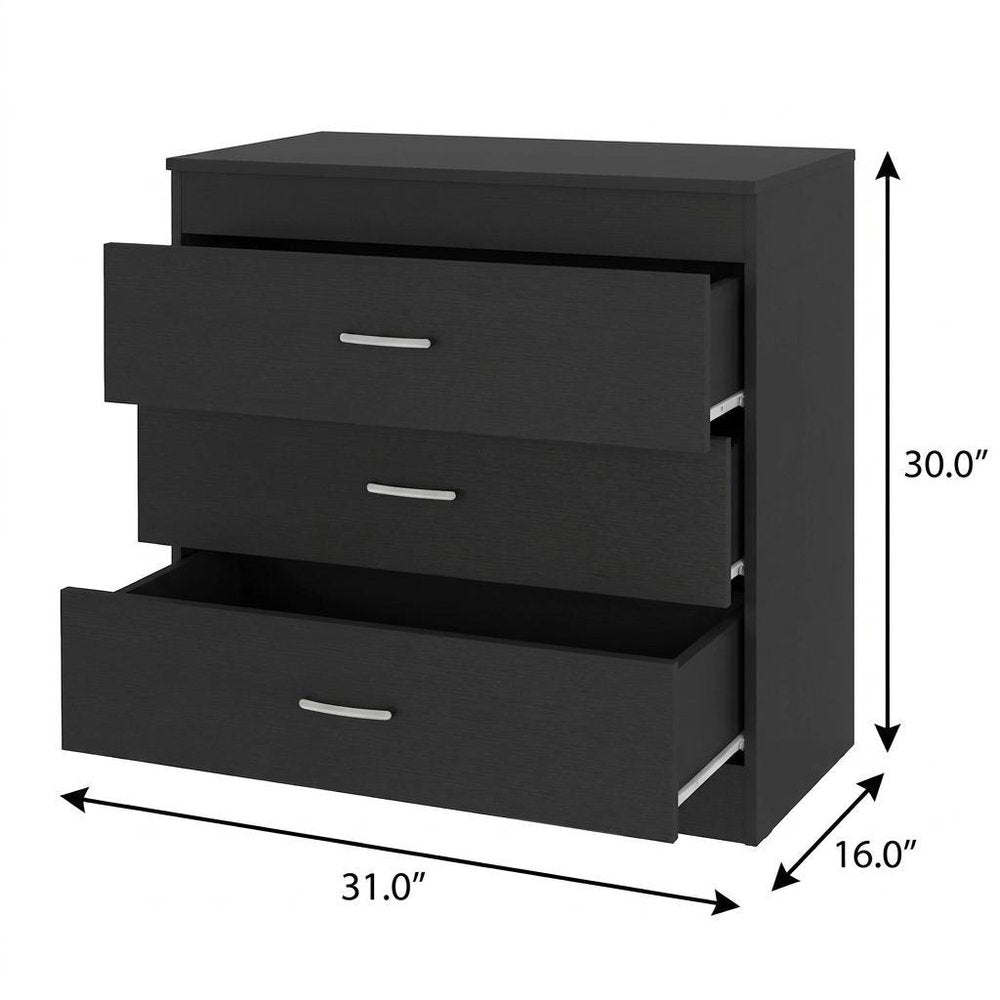 31" Black Wood Three Drawer Dresser