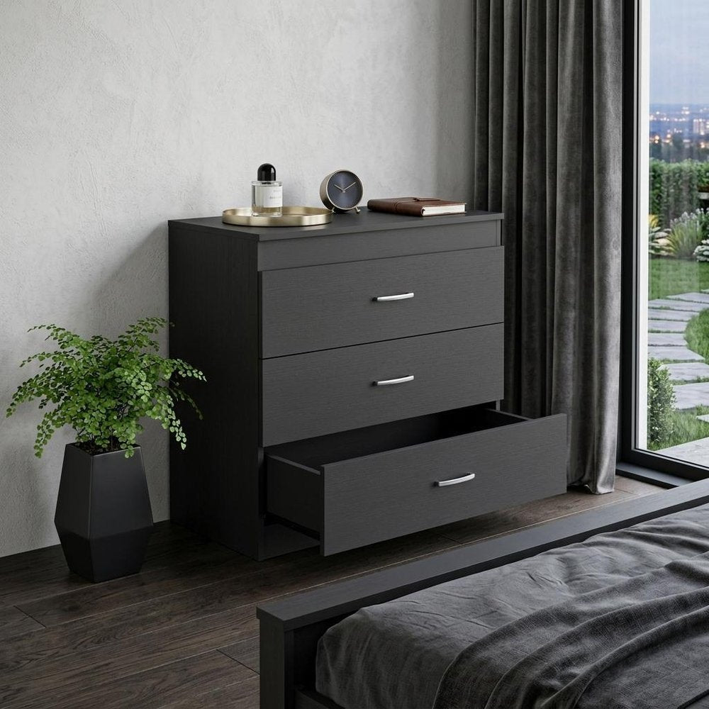 31" Black Wood Three Drawer Dresser — view 2