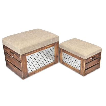 Set of Two 21" Beige And Brown Linen And Solid Wood Upholstered Distressed Storage Entryway Stool With Flip Top HomeRoots