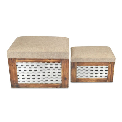 Set of Two 21" Beige And Brown Linen And Solid Wood Upholstered Distressed Storage Entryway Stool With Flip Top HomeRoots