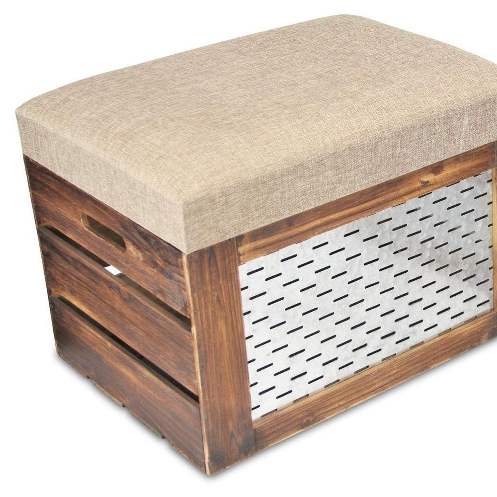 Set of Two 21" Beige And Brown Linen And Solid Wood Upholstered Distressed Storage Entryway Stool With Flip Top HomeRoots