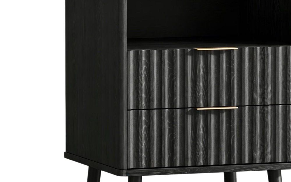 24" Black Wood Ribbed Texture Two Drawer Nightstand — view 2