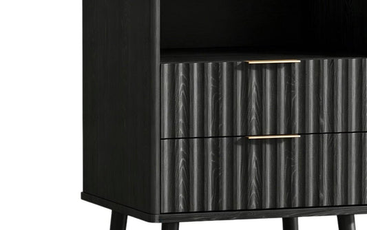 24" Black Wood Ribbed Texture Two Drawer Nightstand