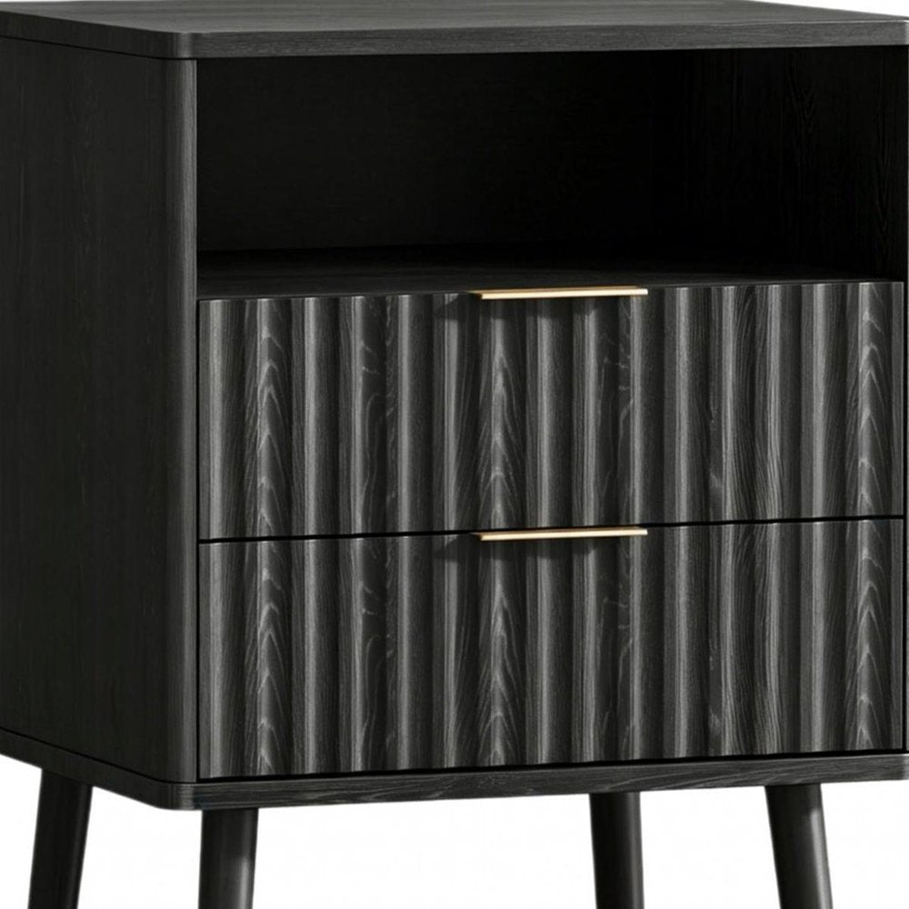 24" Black Wood Ribbed Texture Two Drawer Nightstand