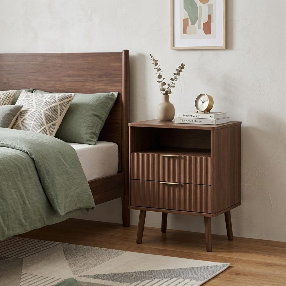 24" Brown Wood Ribbed Texture Two Drawer Nightstand — view 10