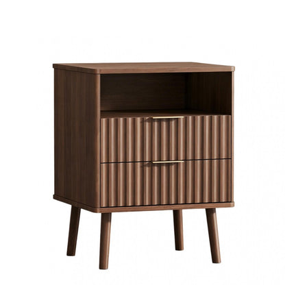 24" Brown Wood Ribbed Texture Two Drawer Nightstand HomeRoots