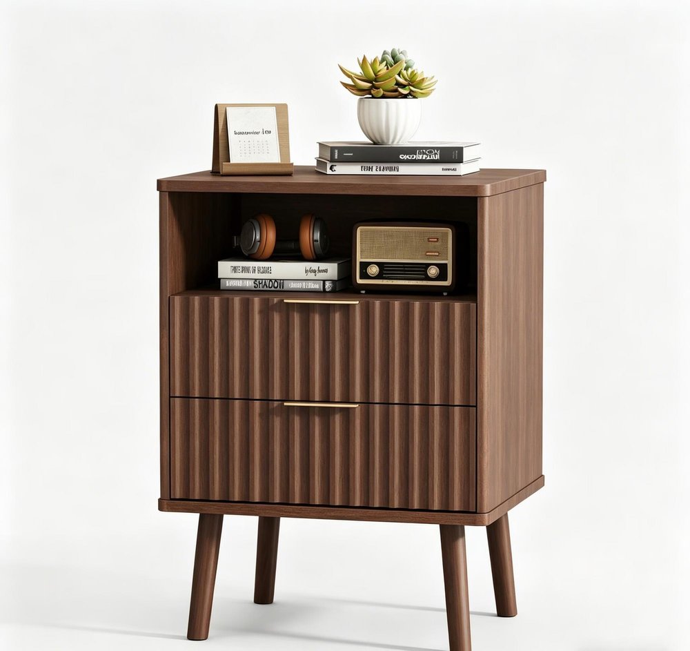 24" Brown Wood Ribbed Texture Two Drawer Nightstand HomeRoots