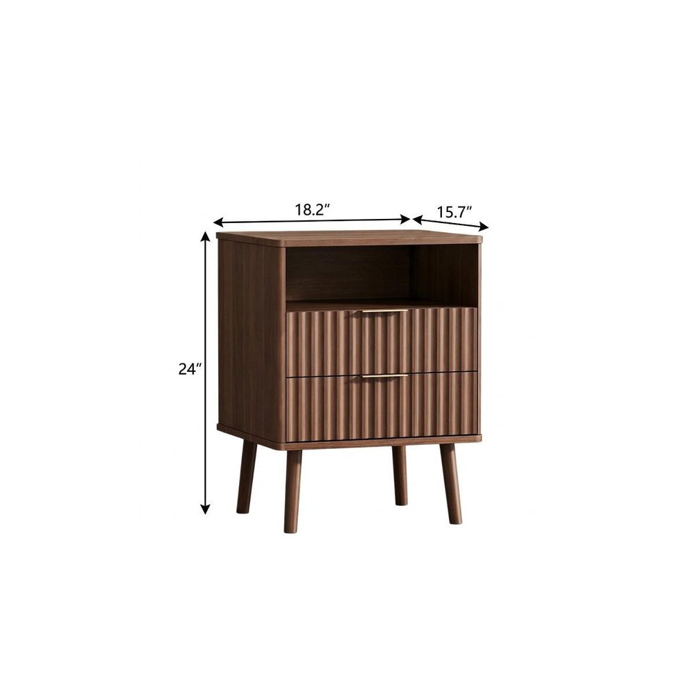 24" Brown Wood Ribbed Texture Two Drawer Nightstand — view 9