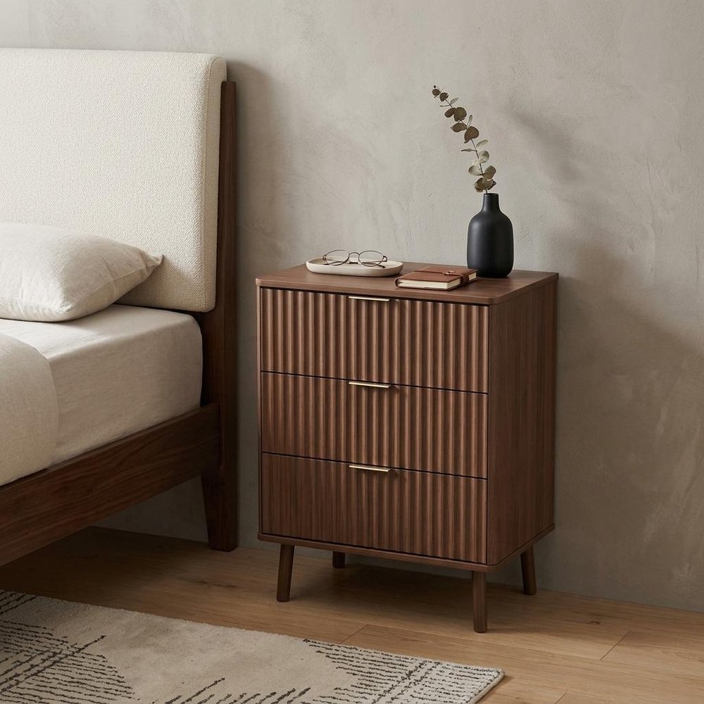 30" Brown Wood Ribbed Texture Three Drawer Nightstand With USB — view 5
