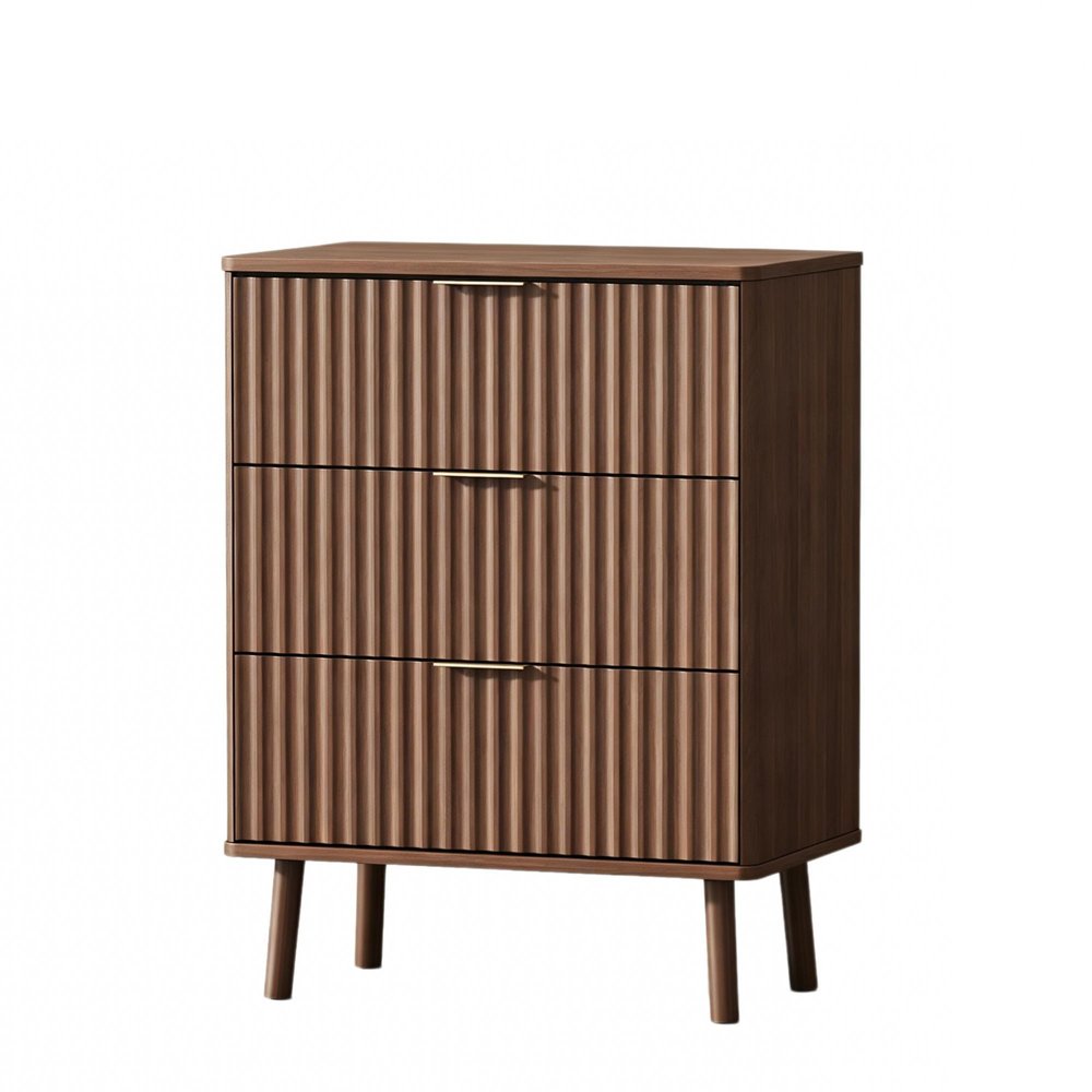 30" Brown Wood Ribbed Texture Three Drawer Nightstand With USB — view 6