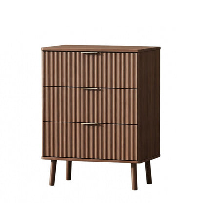 30" Brown Wood Ribbed Texture Three Drawer Nightstand With USB