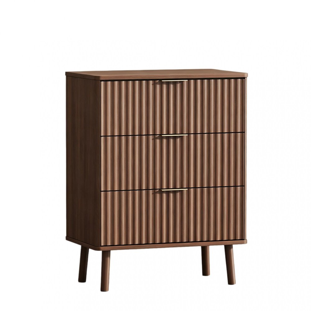 30" Brown Wood Ribbed Texture Three Drawer Nightstand With USB — view 2