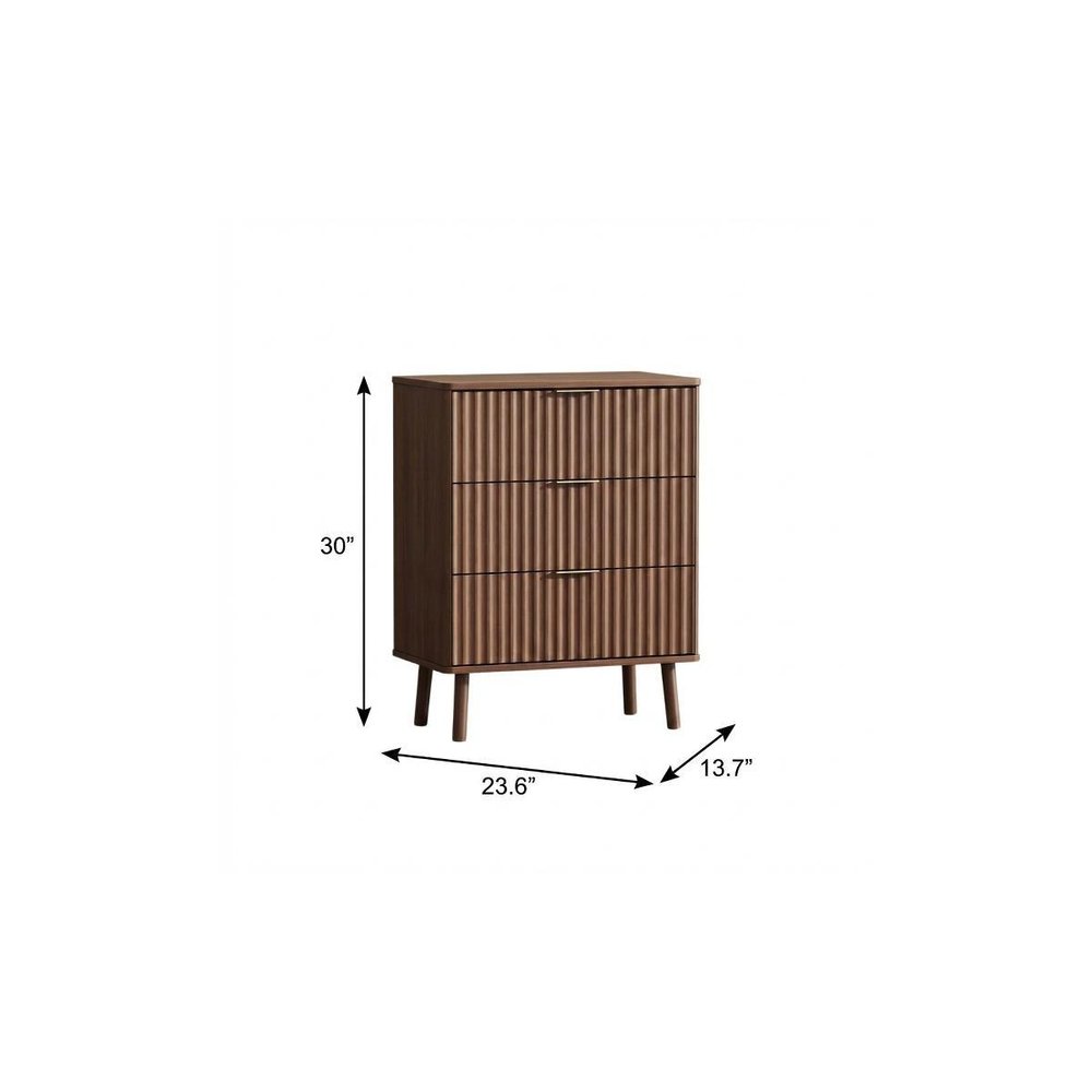 30" Brown Wood Ribbed Texture Three Drawer Nightstand With USB — view 4