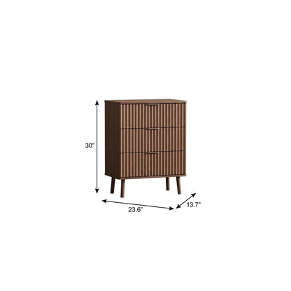 30" Brown Wood Ribbed Texture Three Drawer Nightstand With USB