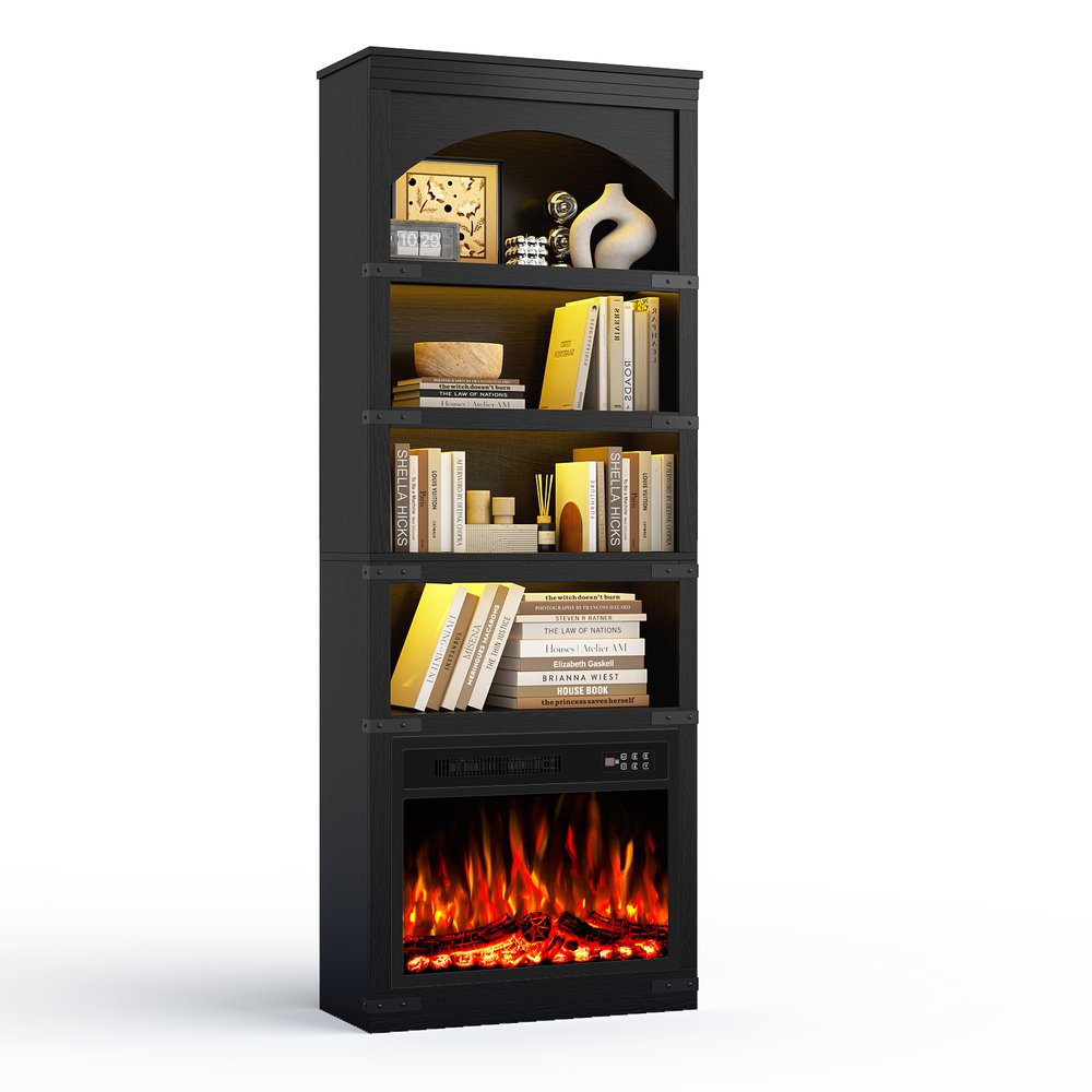 70" Black Wood Four Tier USB Bookcase HomeRoots