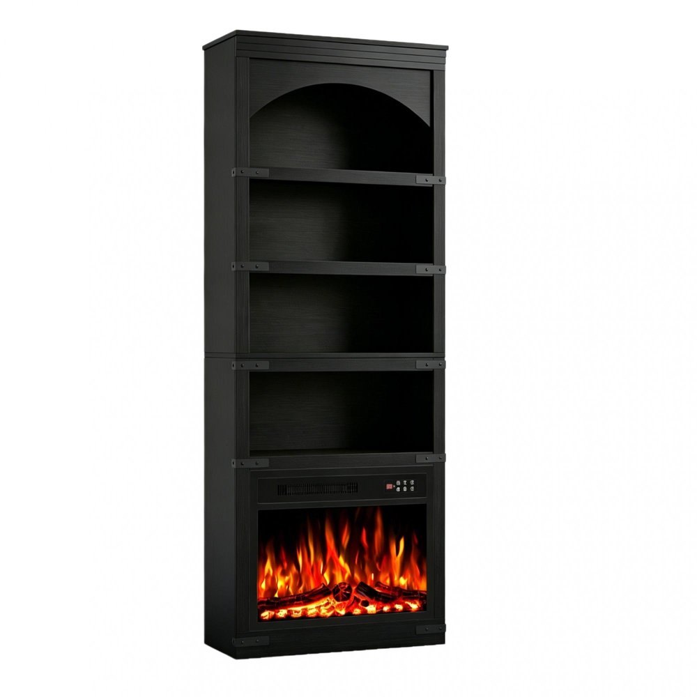 70" Black Wood Four Tier USB Bookcase HomeRoots
