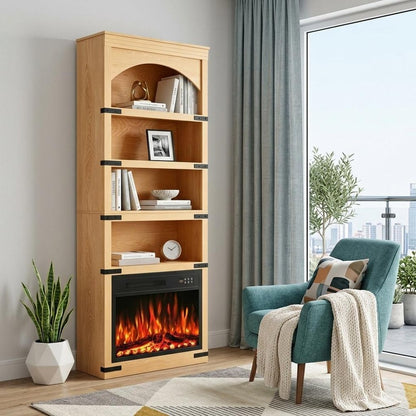 70" Natural Wood Four Tier USB Bookcase HomeRoots