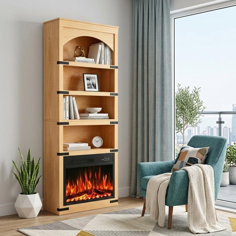 70" Natural Wood Four Tier USB Bookcase — view 4