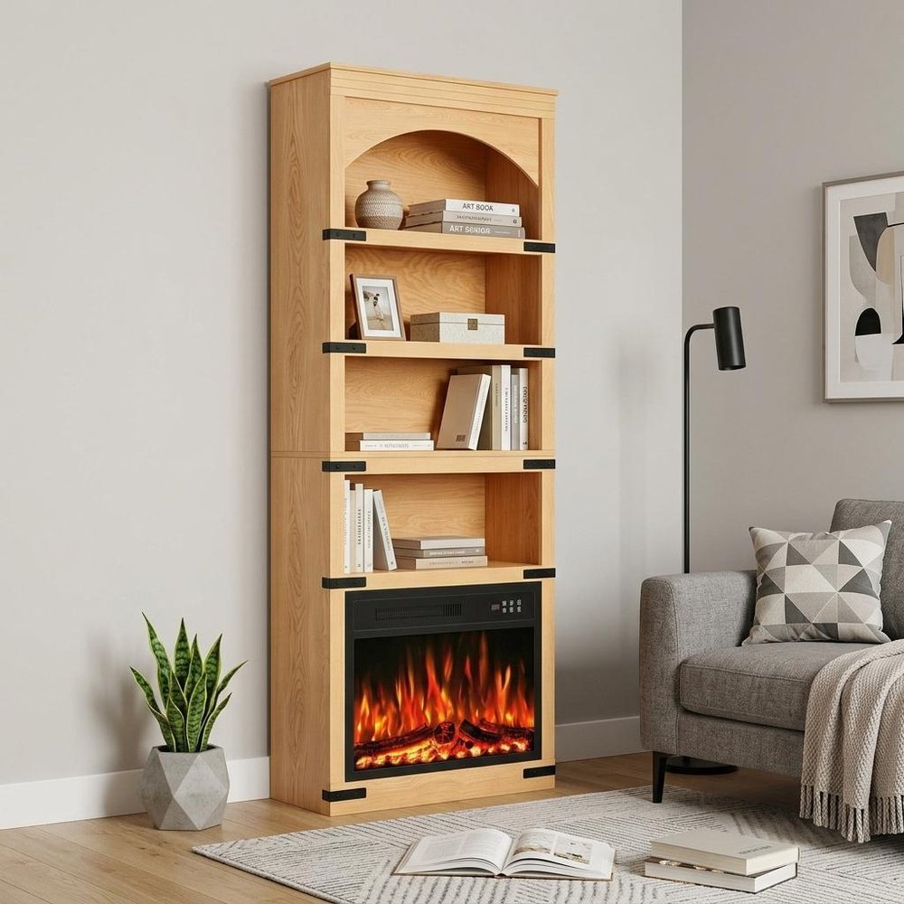 70" Natural Wood Four Tier USB Bookcase — view 5