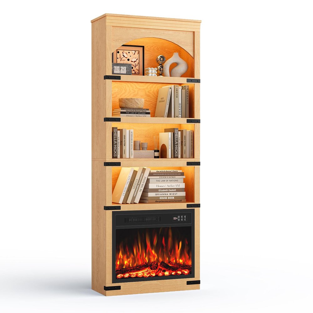 70" Natural Wood Four Tier USB Bookcase — view 1