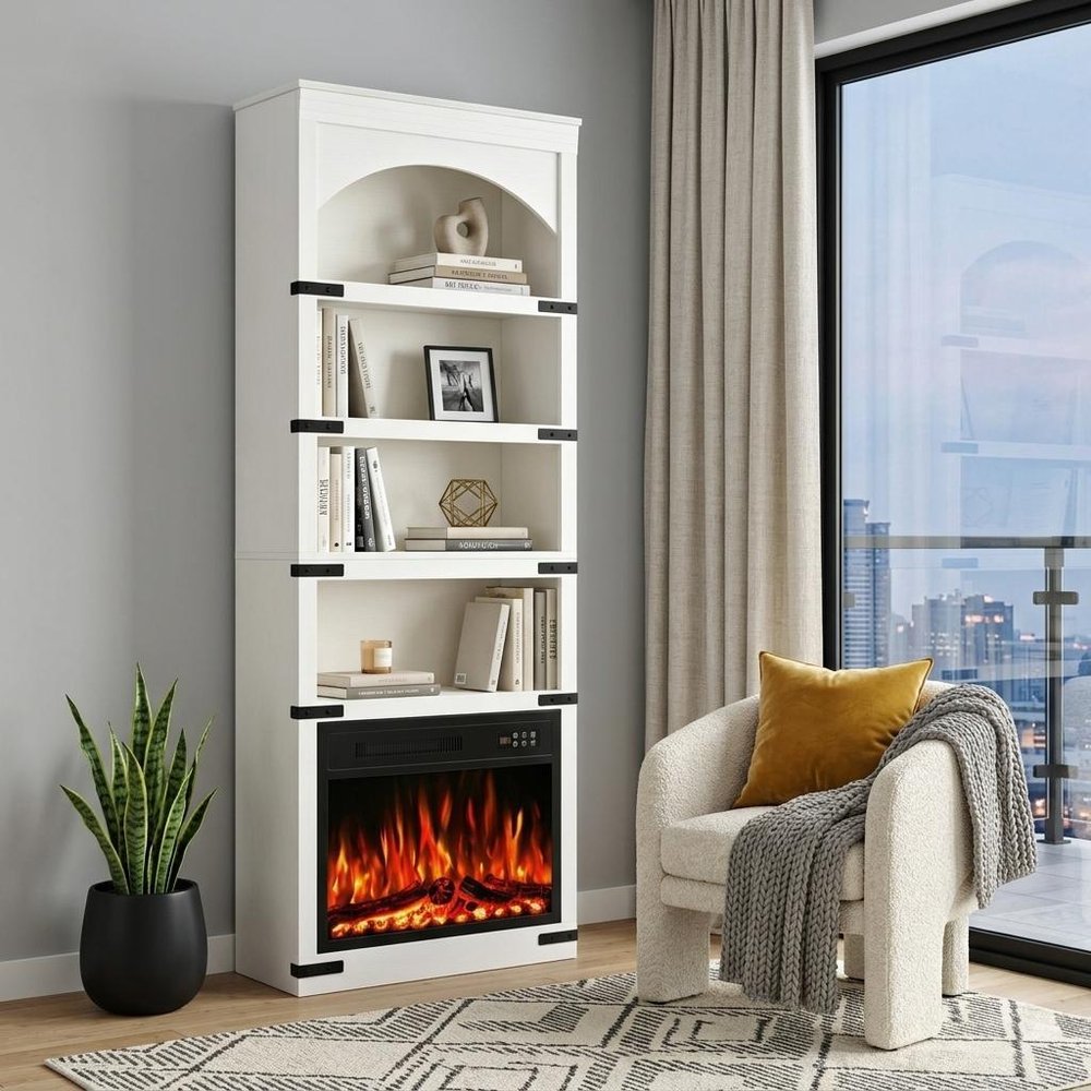 70" White Wood Four Tier USB Bookcase HomeRoots