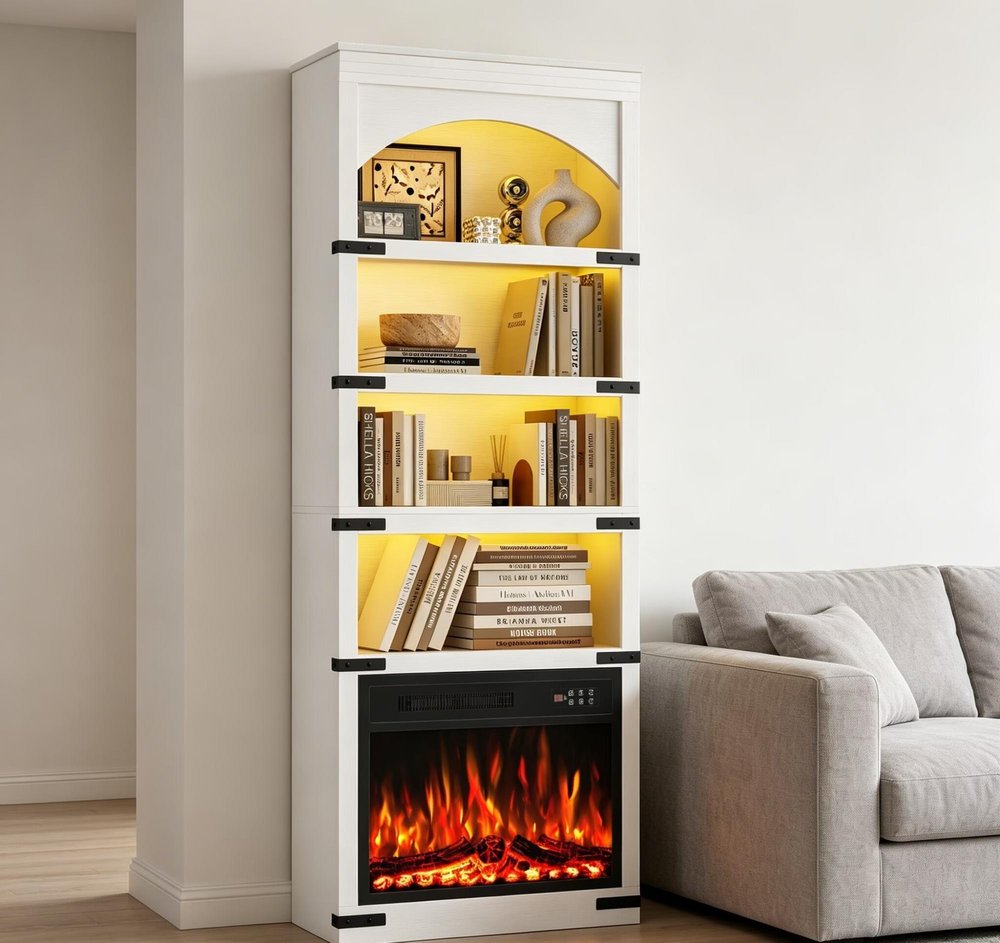 70" White Wood Four Tier USB Bookcase — view 6
