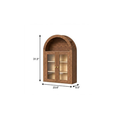 32" Brown Wood Wall Mounted Glass Panel Inlay Four Door Bathroom Cabinet