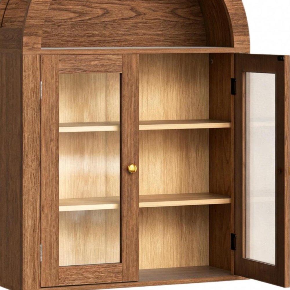 32" Brown Wood Wall Mounted Glass Panel Inlay Four Door Bathroom Cabinet