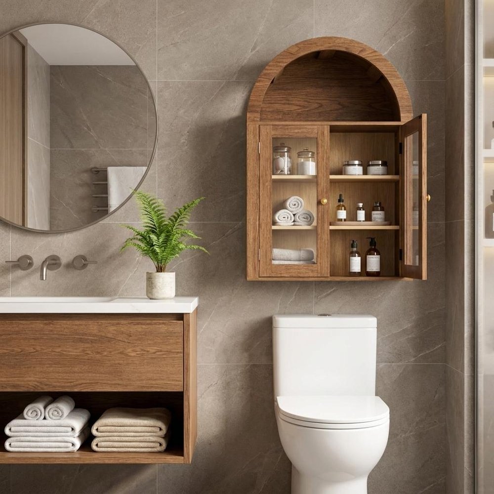 32" Brown Wood Wall Mounted Glass Panel Inlay Four Door Bathroom Cabinet — view 5