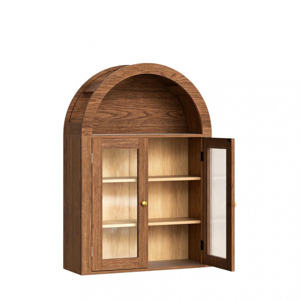 32" Brown Wood Wall Mounted Glass Panel Inlay Four Door Bathroom Cabinet — view 1