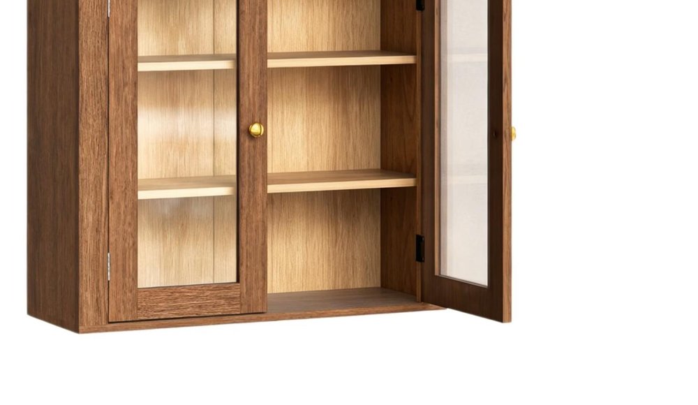 32" Brown Wood Wall Mounted Glass Panel Inlay Four Door Bathroom Cabinet — view 3