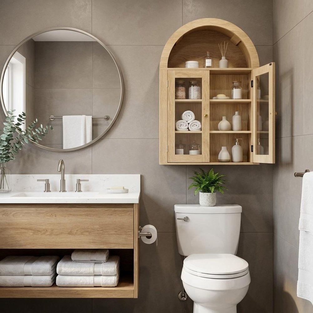 32" Natural Wood Wall Mounted Glass Panel Inlay Four Door Bathroom Cabinet — view 5